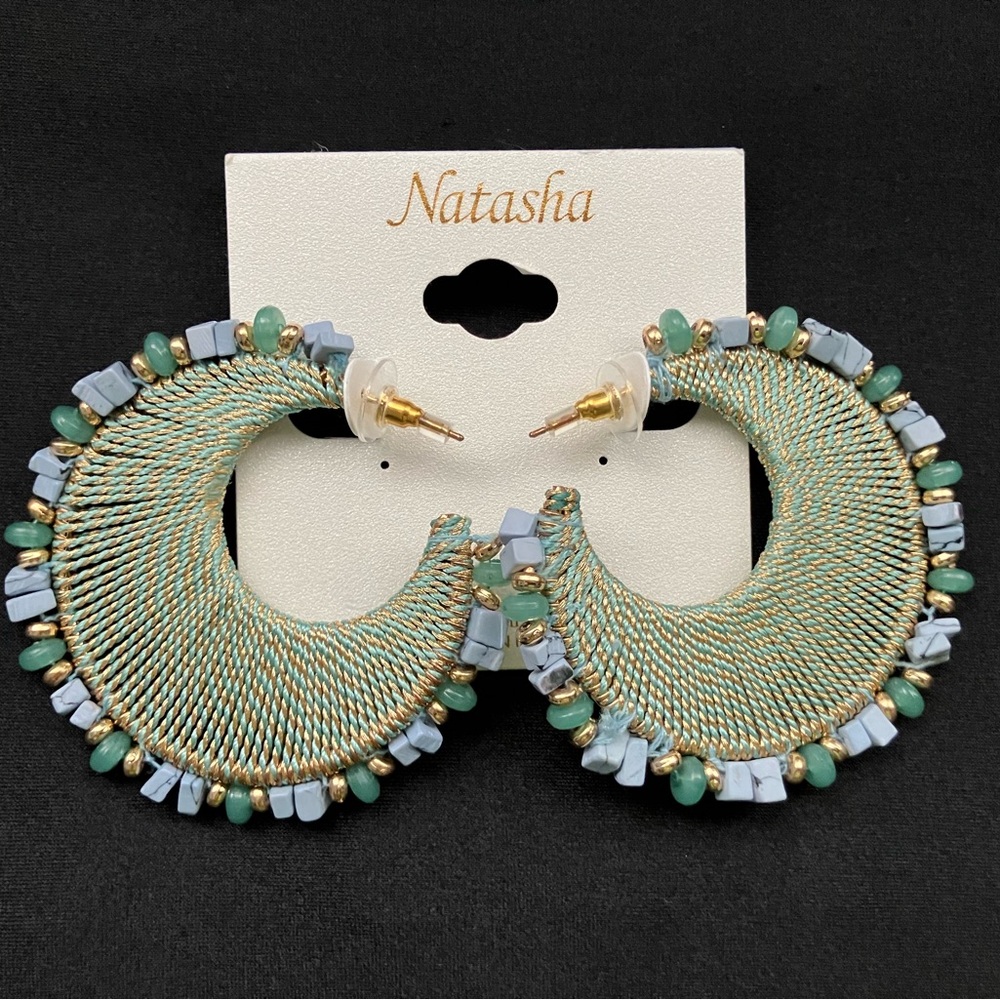 Natasha Couture Boho Braided Hoop Earrings - green, blue, gold